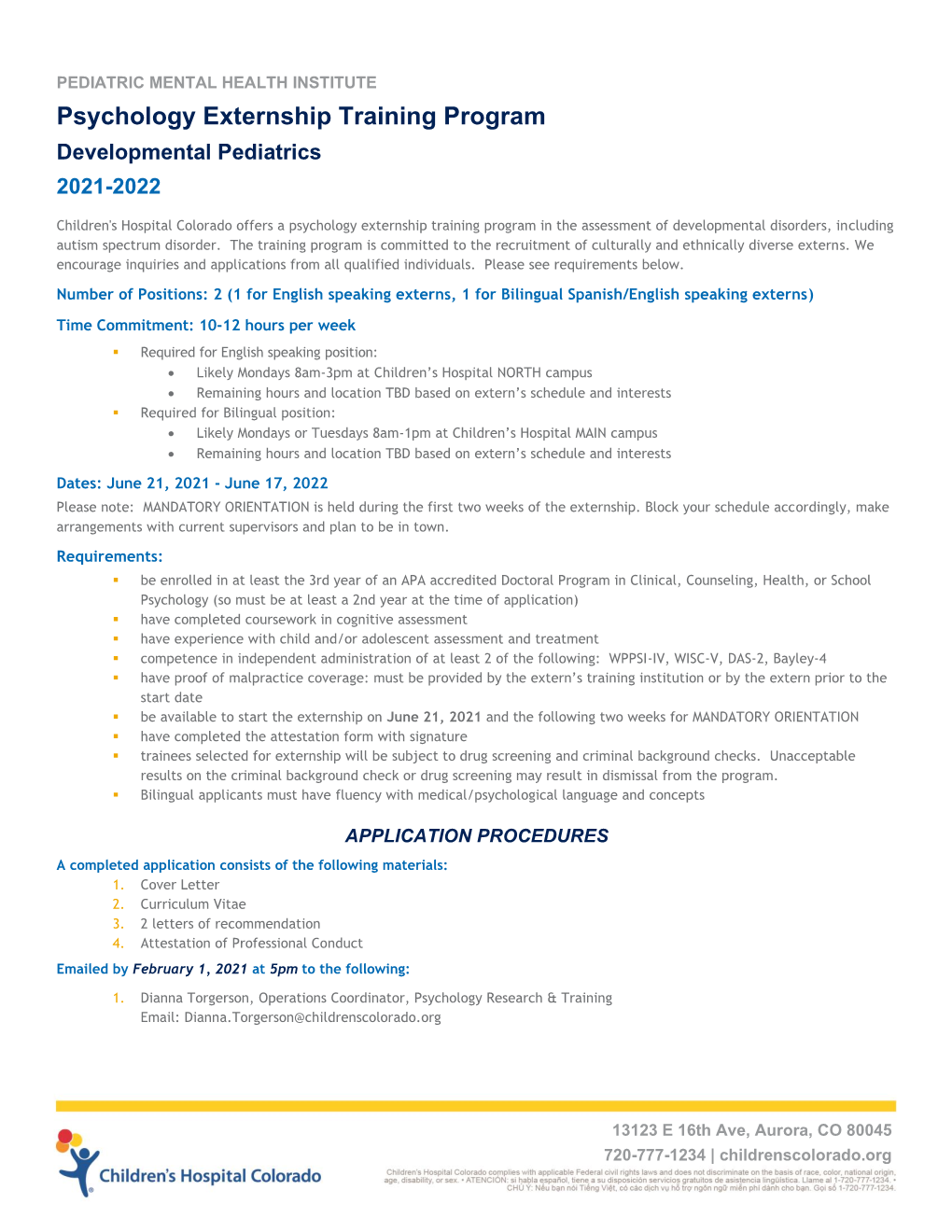 Psychology Externship Training Program Developmental Pediatrics 2021-2022