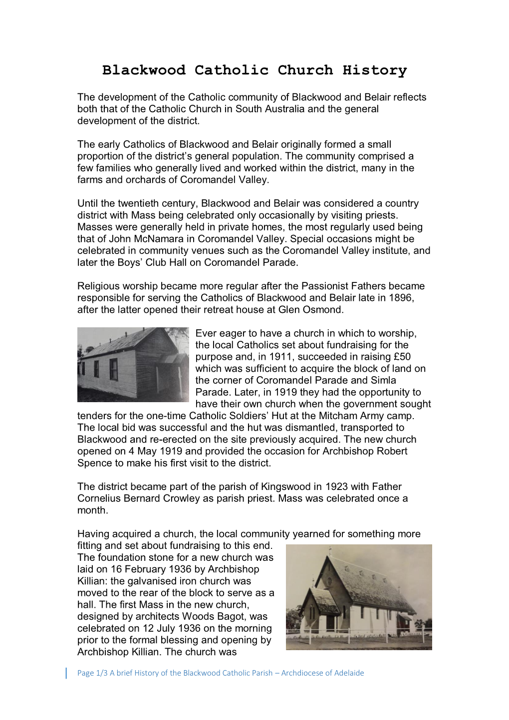 Blackwood Catholic Church History