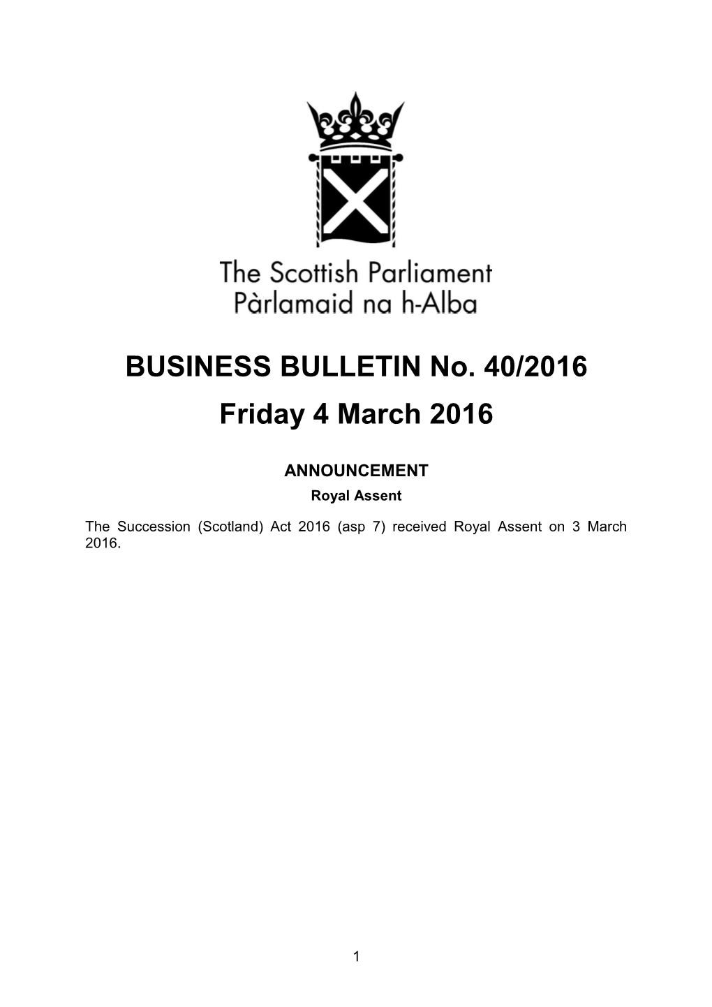 BUSINESS BULLETIN No. 40/2016 Friday 4 March 2016