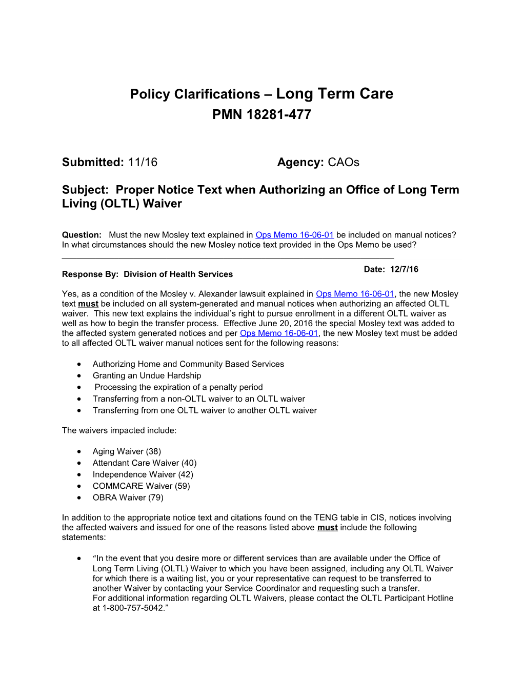 Policy Clarifications Long Term Care