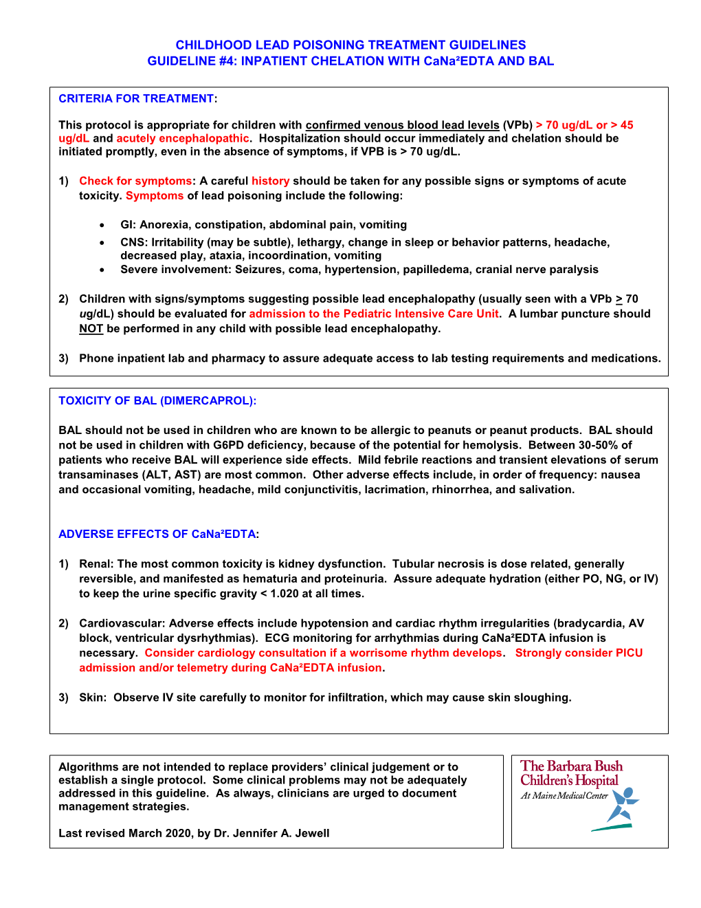 CHILDHOOD LEAD POISONING TREATMENT GUIDELINES GUIDELINE #4: INPATIENT CHELATION with Cana²edta and BAL
