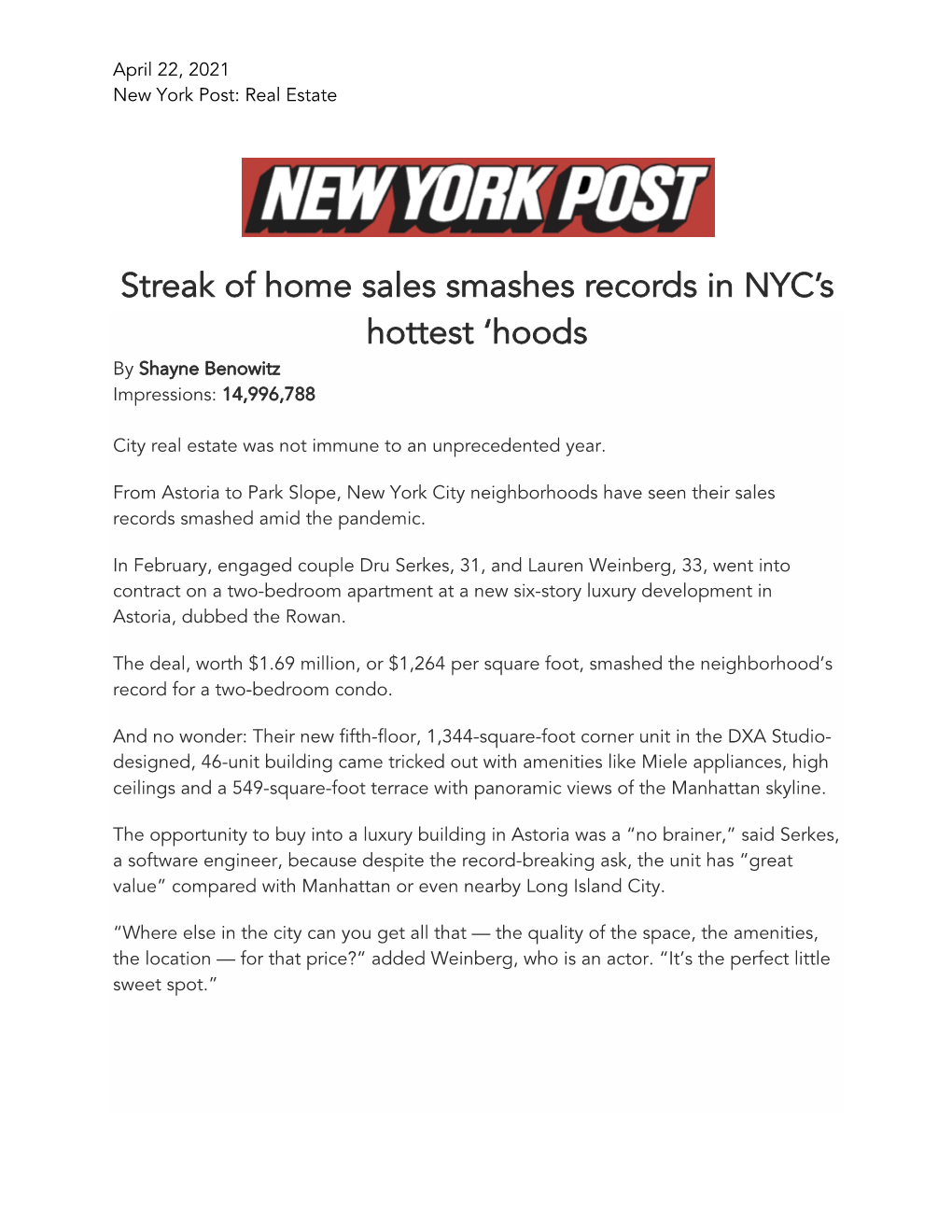 Streak of Home Sales Smashes Records in NYC's Hottest 'Hoods