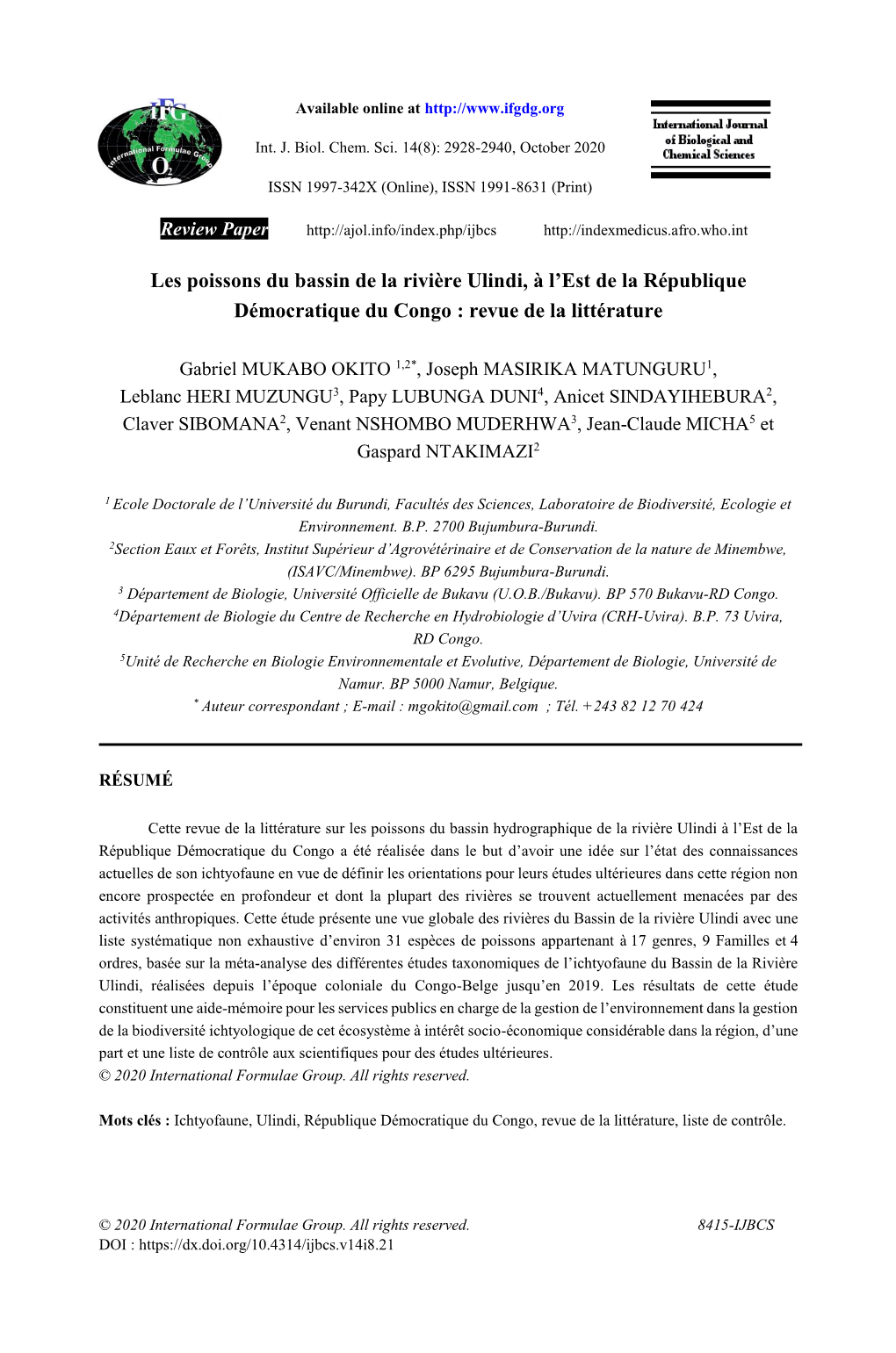 Les Poissons Du Bassin De La Rivière Ulindi, À L’Est De La République Démocratique Du Congo : Revue De La Littérature