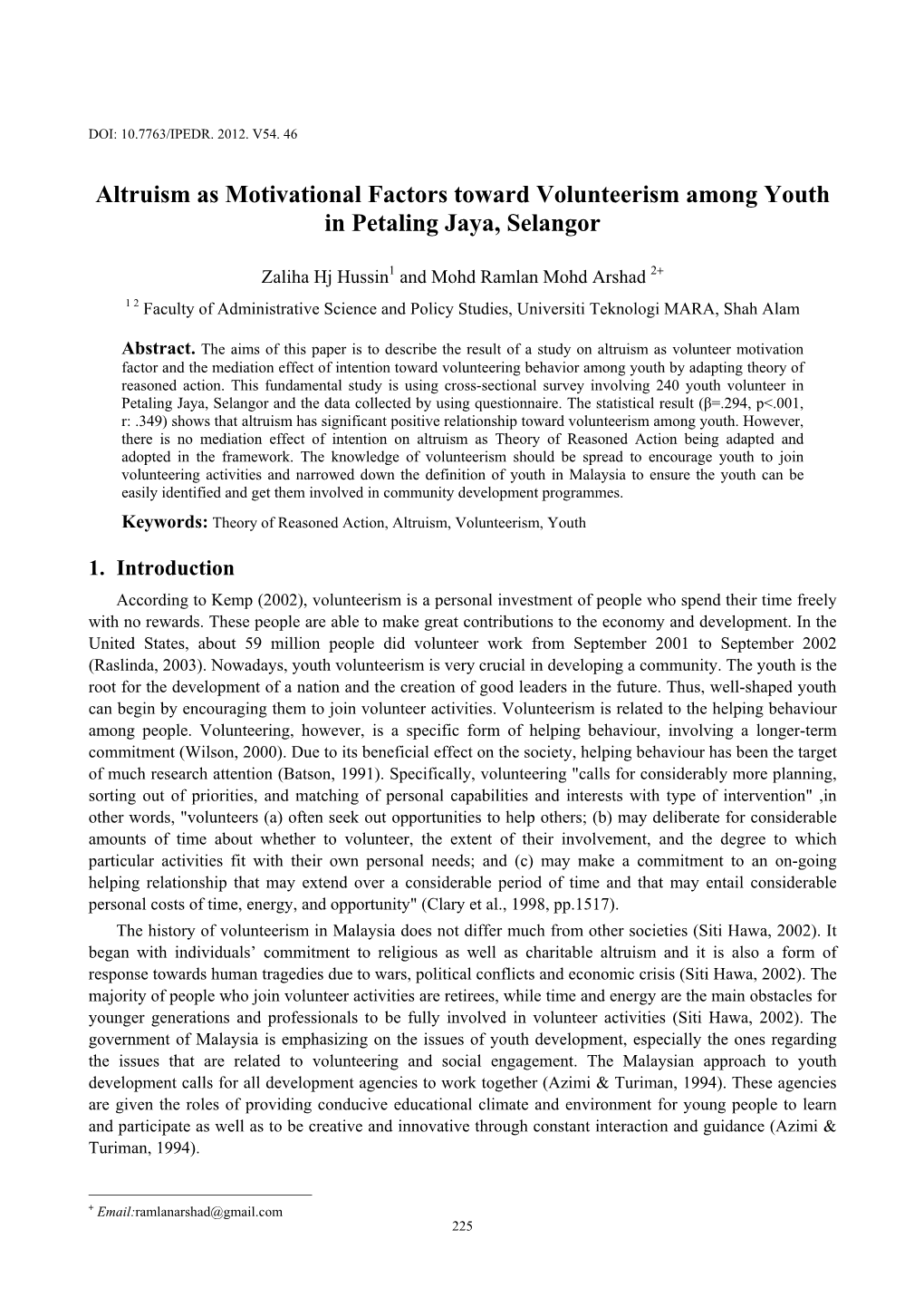 Altruism As Motivational Factors Toward Volunteerism Among Youth in Petaling Jaya, Selangor