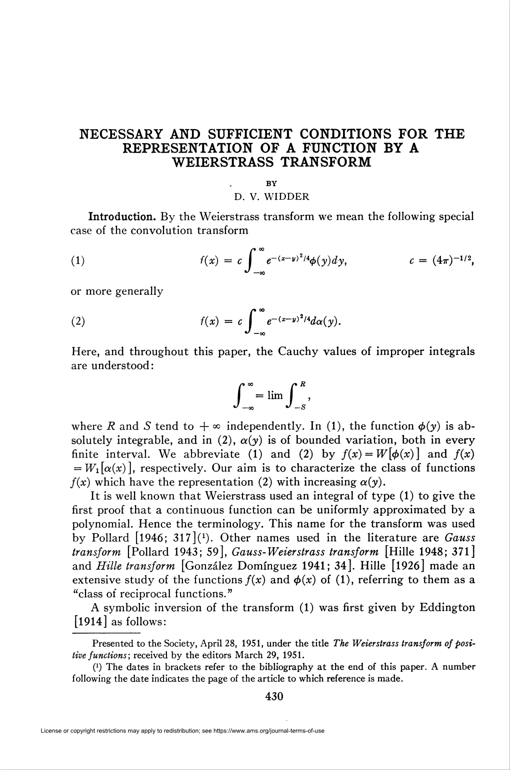 Necessary and Sufficient Conditions for the Representation of a Function by a Weierstrass Transform