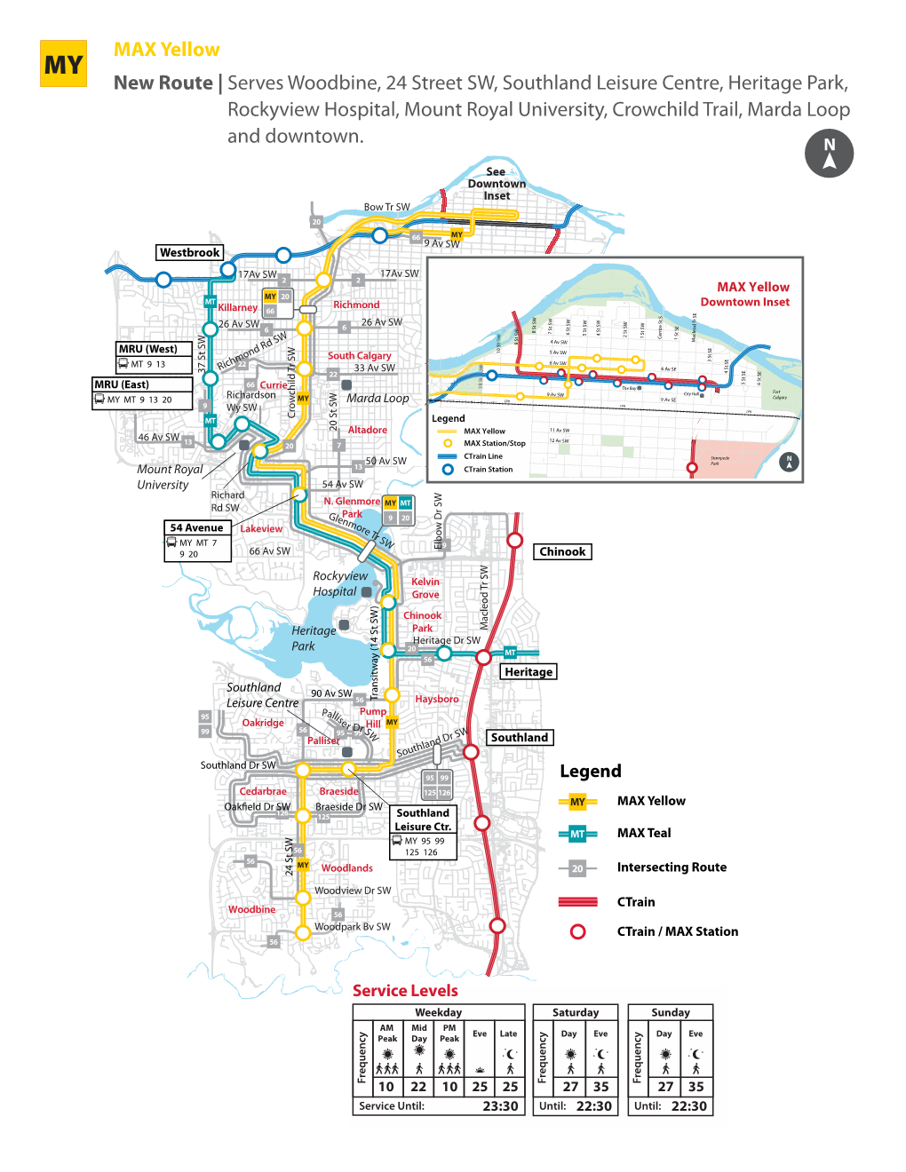 MAX Yellow New Route | Serves Woodbine, 24 Street SW, Southland Leisure Centre, Heritage Park, Rockyview Hospital, Mount Royal