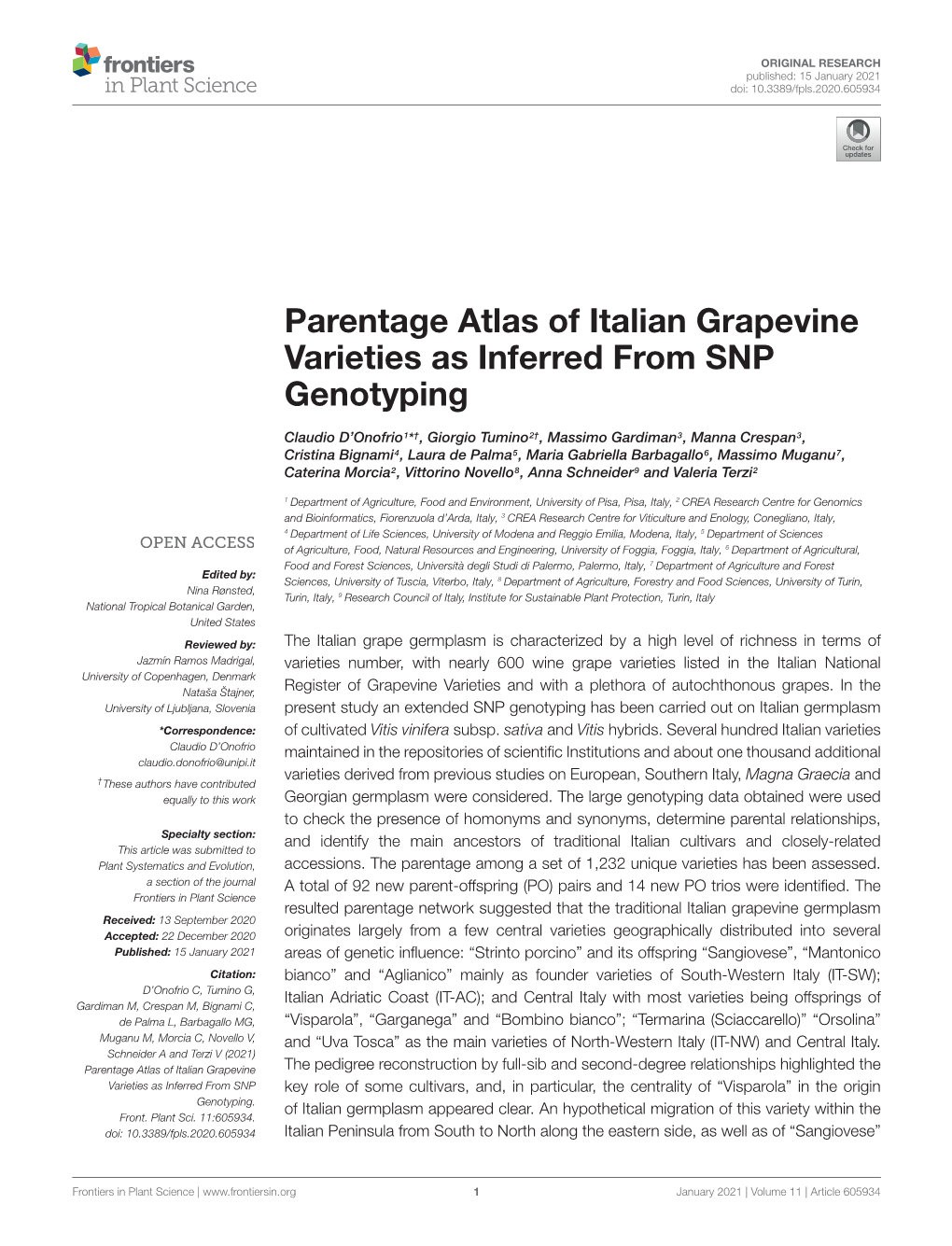 Parentage Atlas of Italian Grapevine Varieties As Inferred from SNP Genotyping