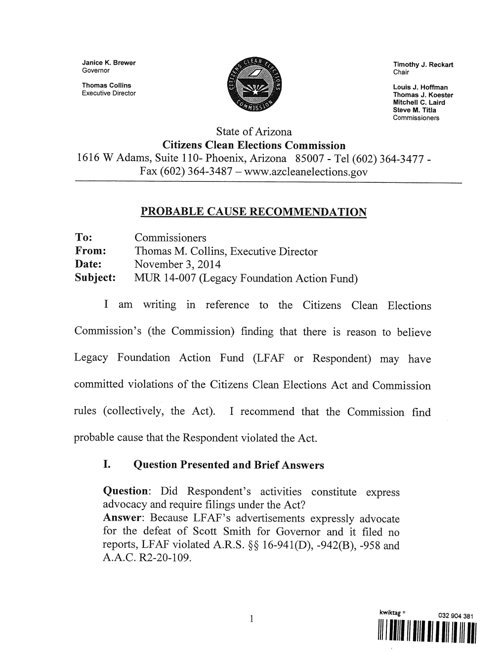 State of Arizona Citizens Clean Elections Commission