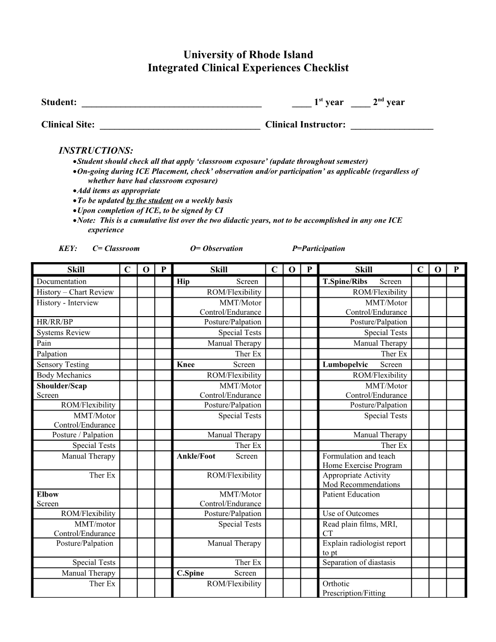 Integrated Clinical Experiences Checklist