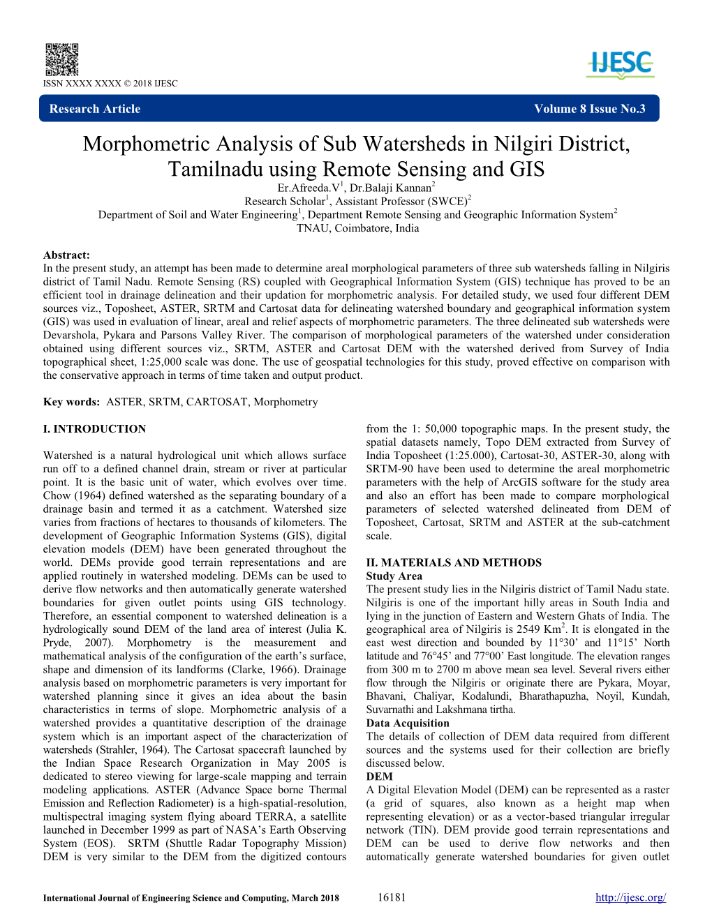 Morphometric Analysis of Sub Watersheds in Nilgiri District