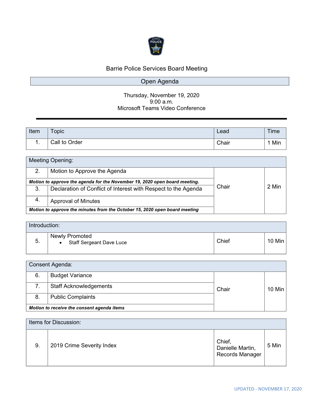 Barrie Police Services Board Meeting Open Agenda