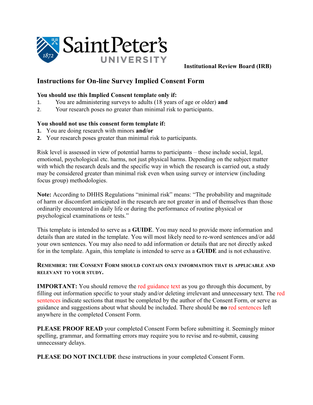 Instructions for On-Line Survey Implied Consent Form