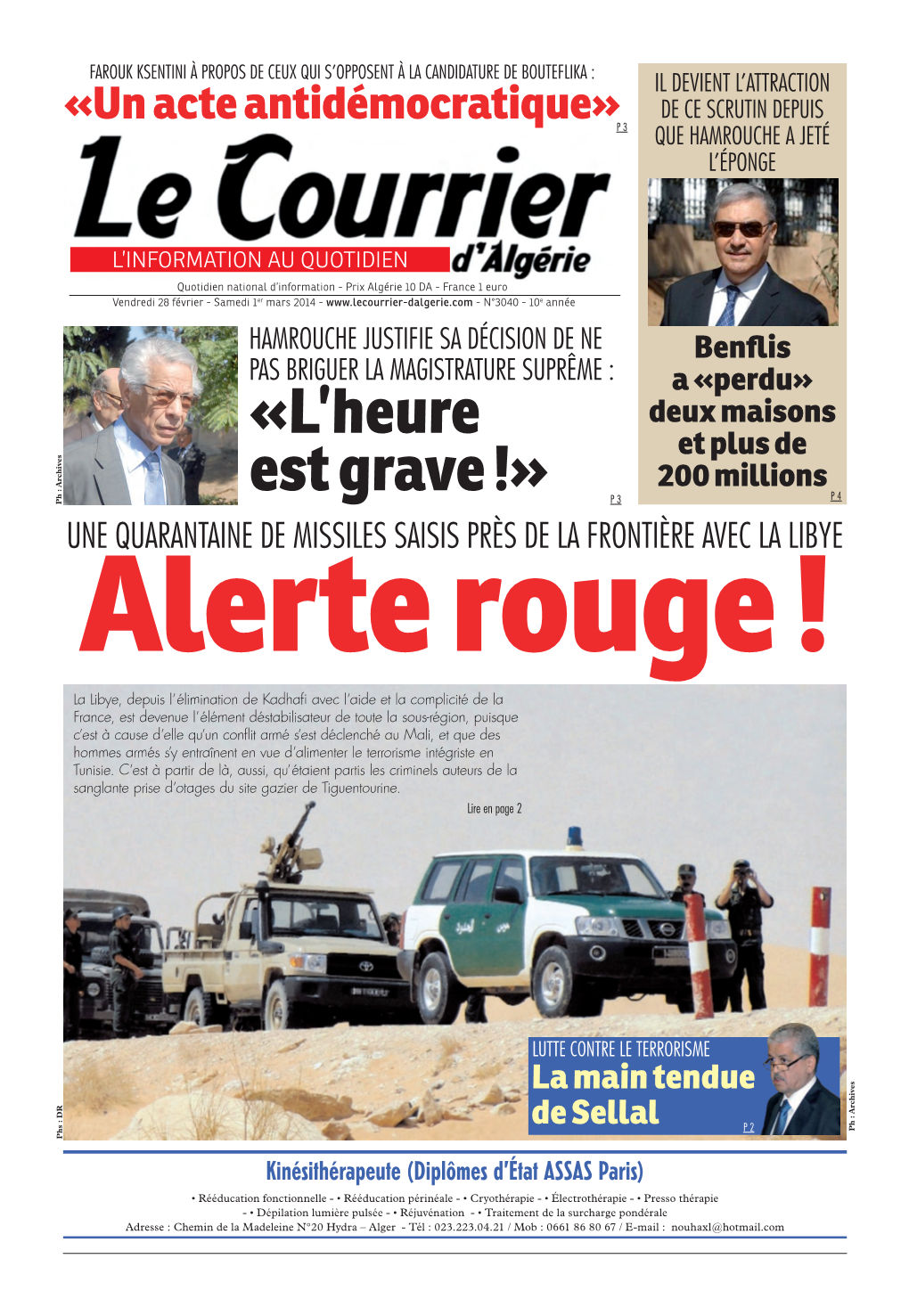 Le Courrier D'algérie Du Samedi 1Er Mars 2014