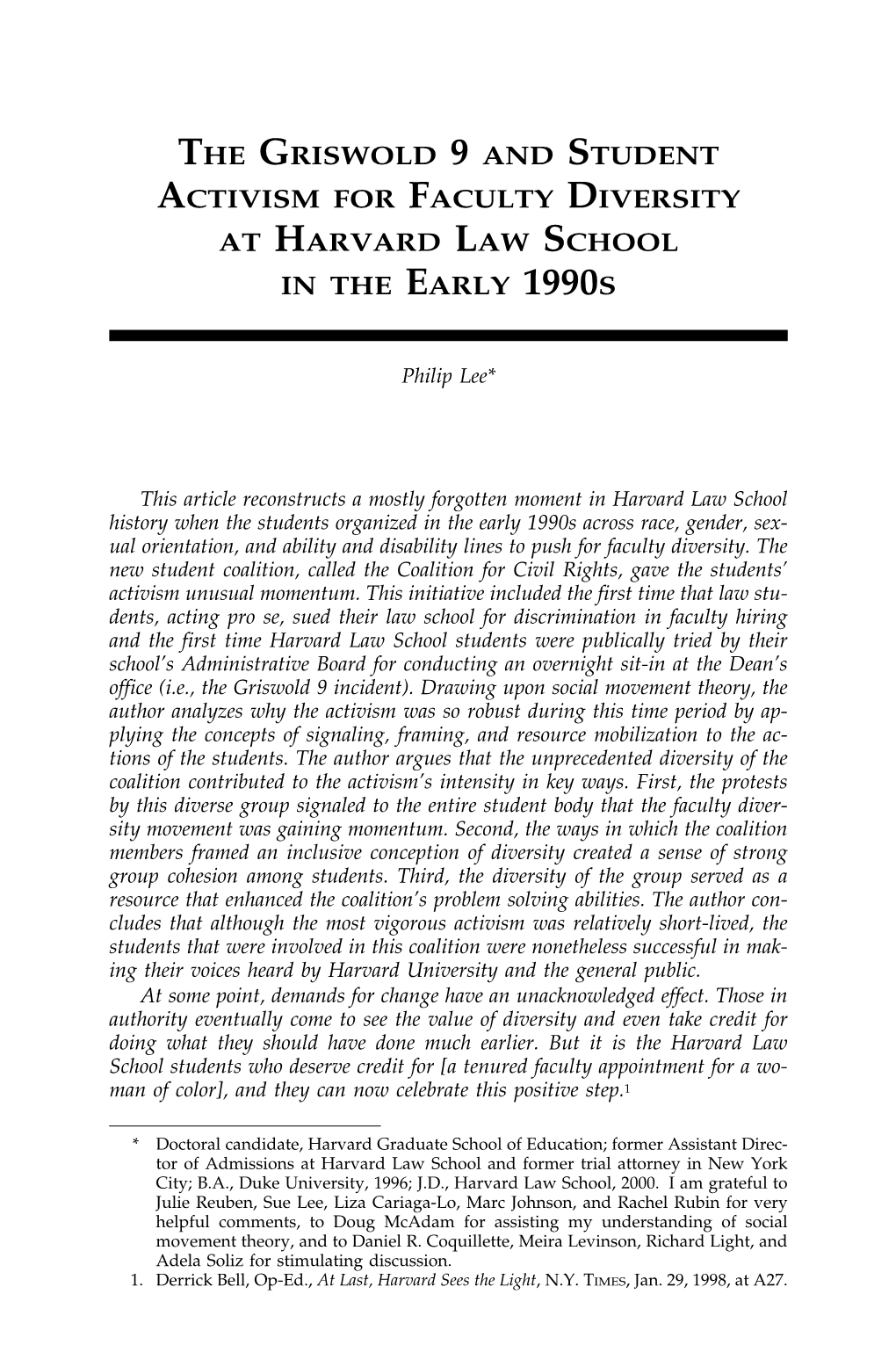The Griswold 9 and Student Activism for Faculty Diversity at Harvard Law School in the Early 1990S