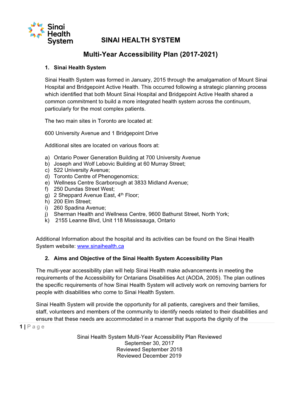 SINAI HEALTH SYSTEM Multi-Year Accessibility Plan (2017-2021)