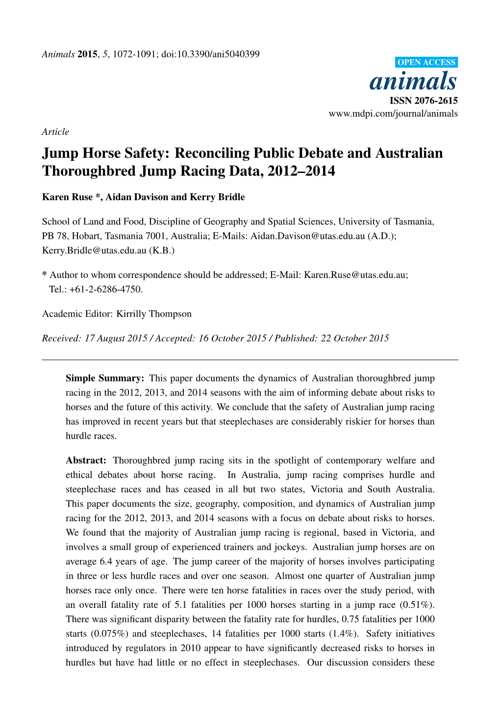 Jump Horse Safety: Reconciling Public Debate and Australian Thoroughbred Jump Racing Data, 2012–2014