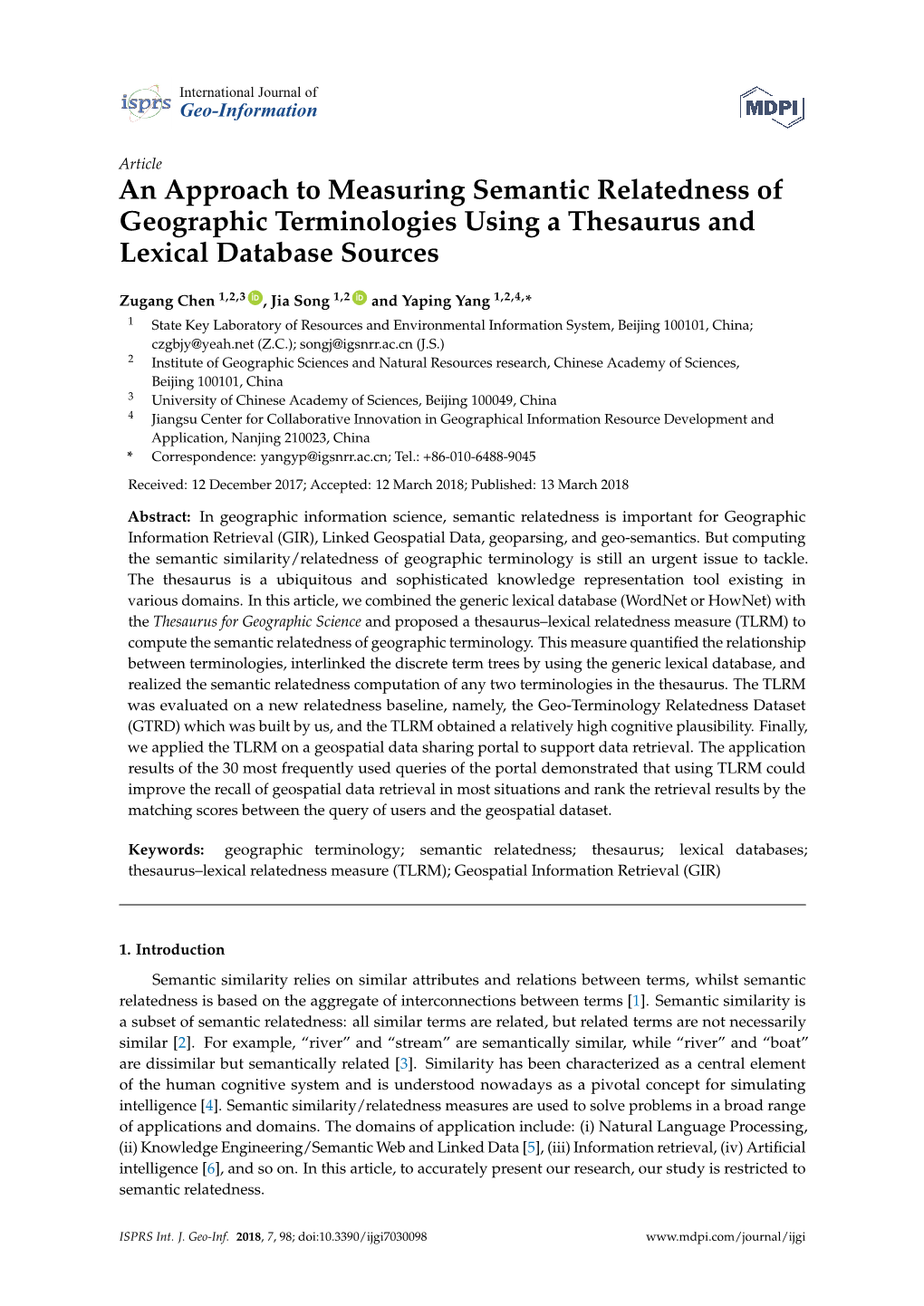 An Approach to Measuring Semantic Relatedness of Geographic Terminologies Using a Thesaurus and Lexical Database Sources