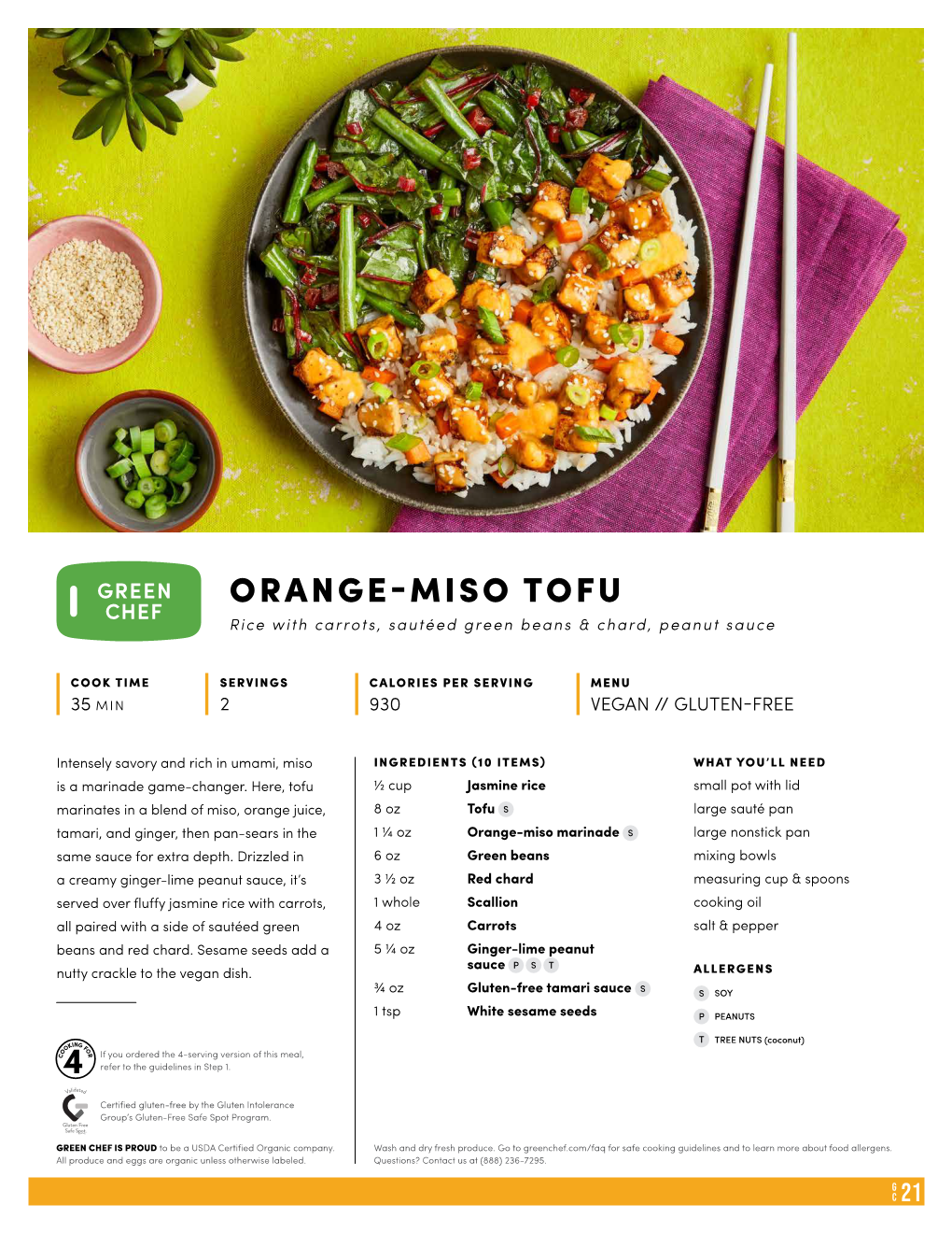 ORANGE-MISO TOFU Rice with Carrots, Sautéed Green Beans & Chard, Peanut Sauce