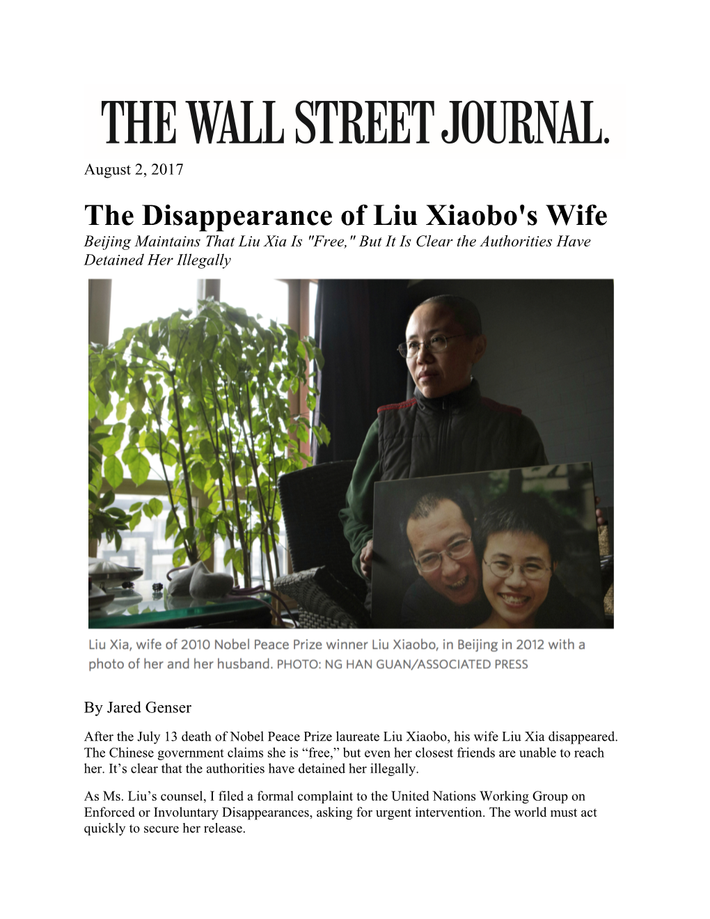 The Disappearance of Liu Xiaobo's Wife Beijing Maintains That Liu Xia Is "Free," but It Is Clear the Authorities Have Detained Her Illegally