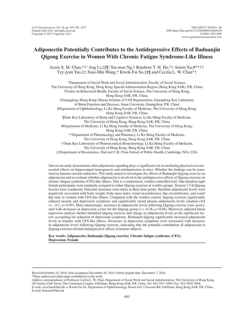 Adiponectin Potentially Contributes to the Antidepressive Effects of Baduanjin Qigong Exercise in Women with Chronic Fatigue Syndrome-Like Illness