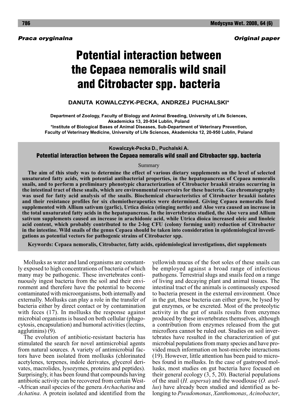 Potential Interaction Between the Cepaea Nemoralis Wild Snail and Citrobacter Spp