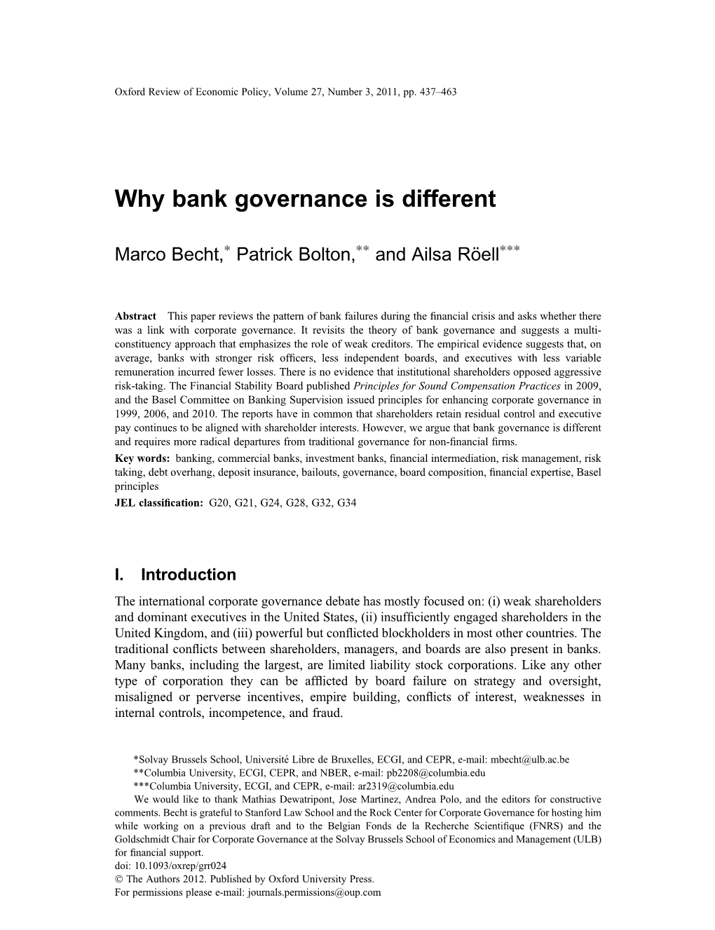 Why Bank Governance Is Different