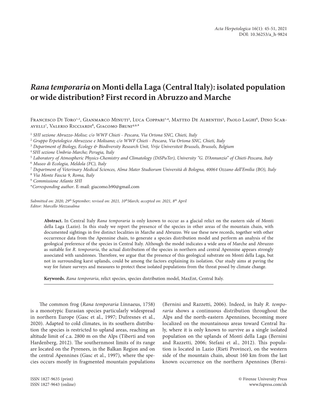 Rana Temporaria on Monti Della Laga (Central Italy): Isolated Population Or Wide Distribution? First Record in Abruzzo and Marche