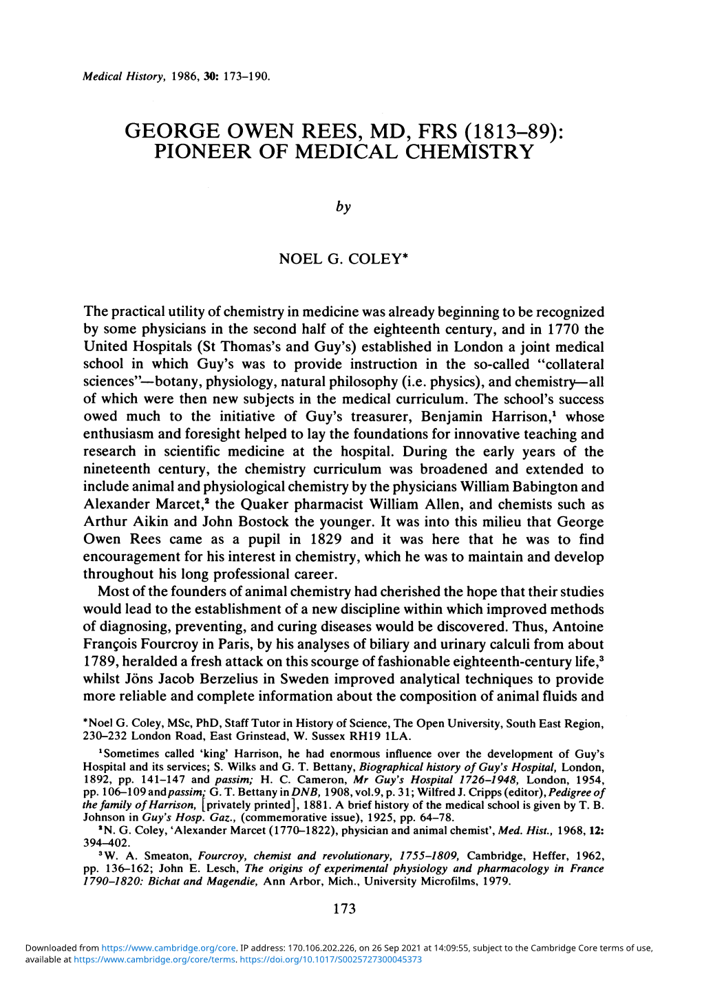 George Owen Rees, Md, Frs (1813-89): Pioneer of Medical Chemistry