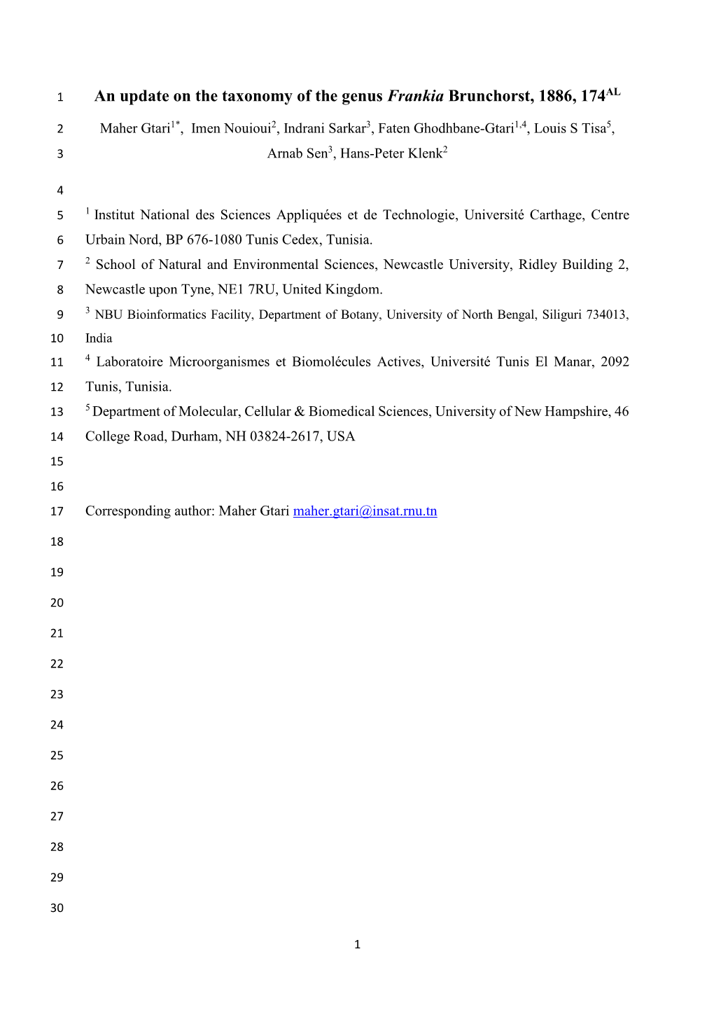 An Update on the Taxonomy of the Genus Frankia Brunchorst, 1886, 174AL