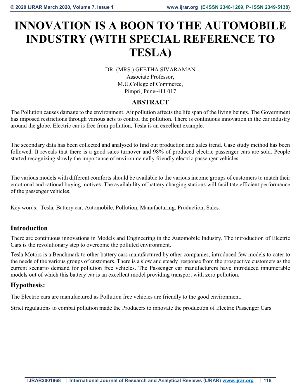 With Special Reference to Tesla)