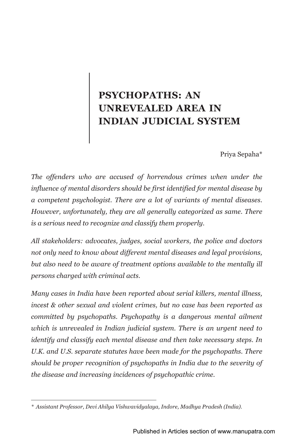Psychopaths: an Unrevealed Area in Indian Judicial System