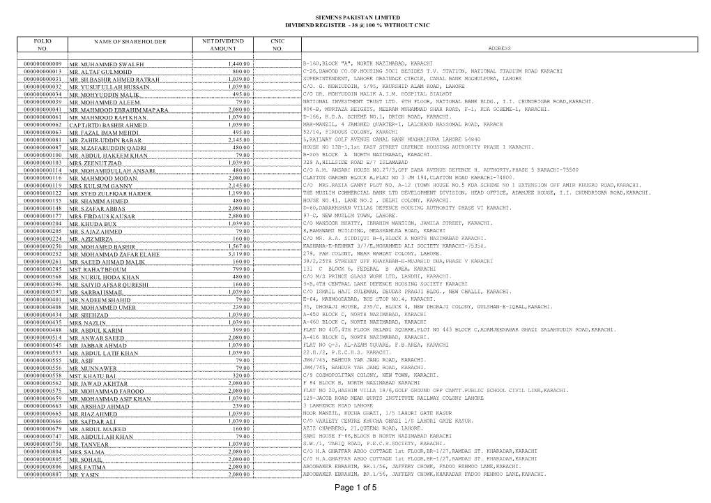 Page 1 of 5 SIEMENS PAKISTAN LIMITED DIVIDEND REGISTER - 38 @ 100 % WITHOUT CNIC