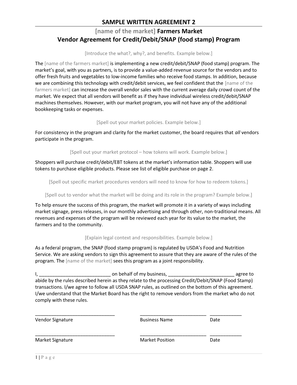 Vendor Agreement for Credit/Debit/SNAP (Food Stamp) Program