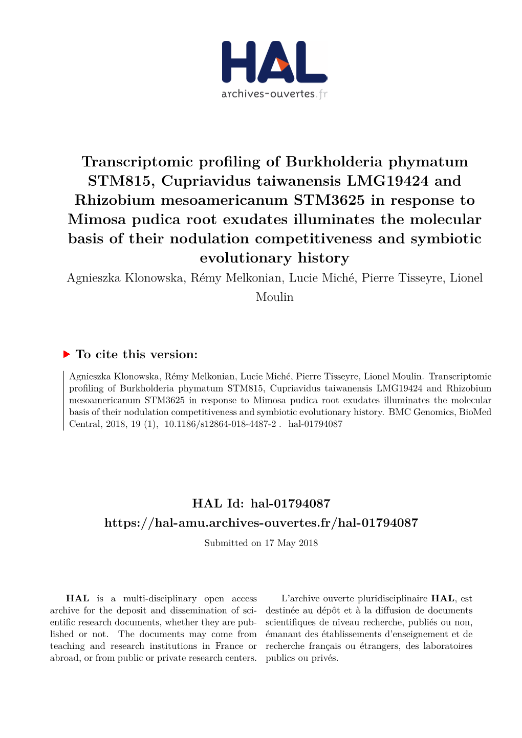 Klonowska18 Transcriptomic Profiling of Mimosa Symbionts.Pdf
