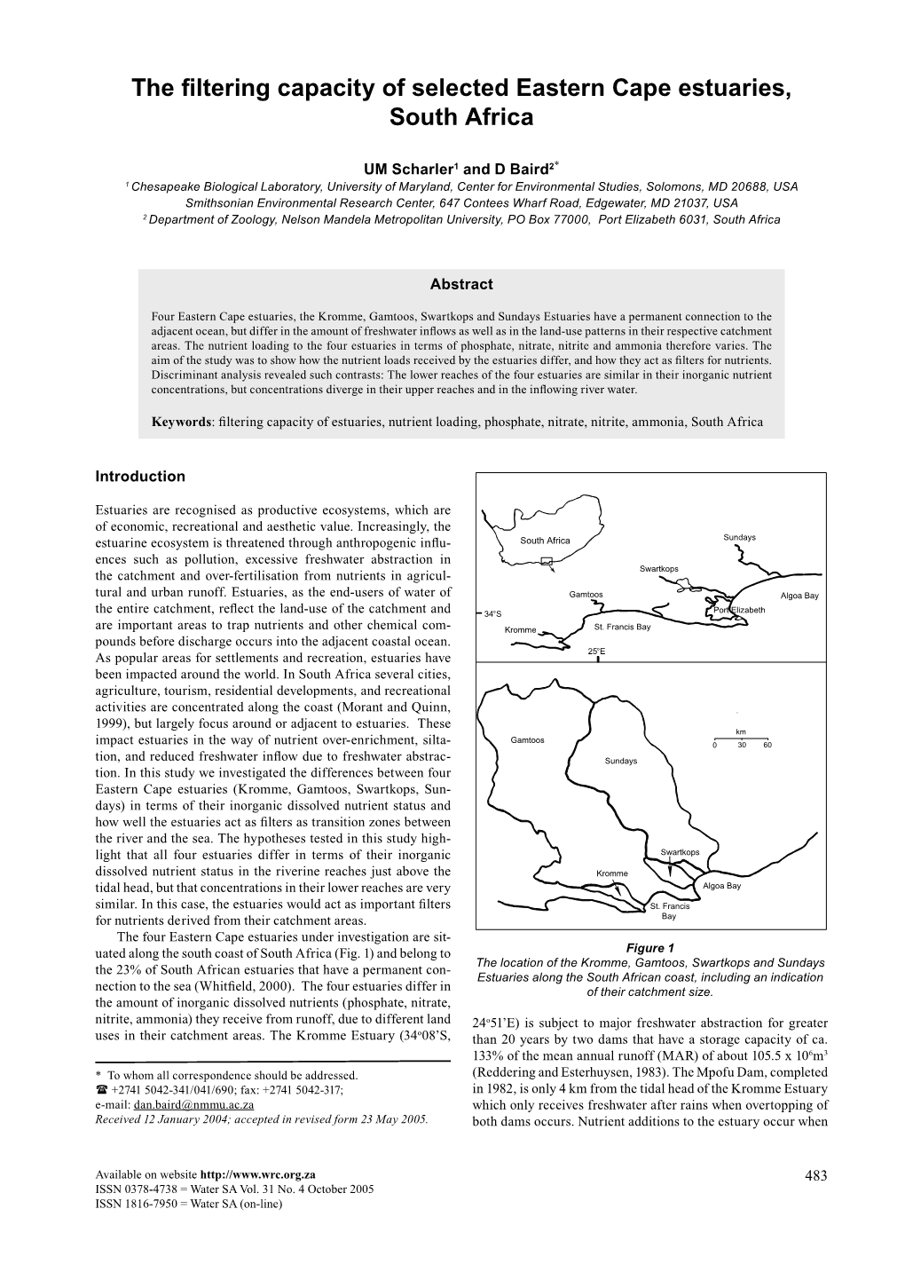 The Filtering Capacity of Selected Eastern Cape Estuaries, South Africa