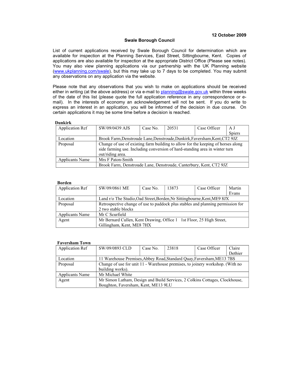 12 October 2009 Swale Borough Council List of Current Applications