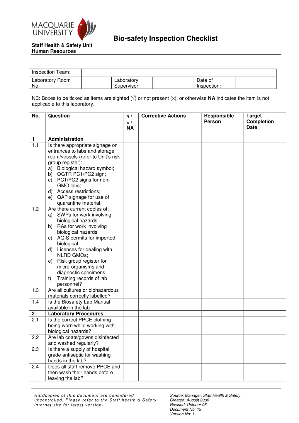 Bio-Safety Inspection Checklist Staff Health & Safety Unit Human Resources