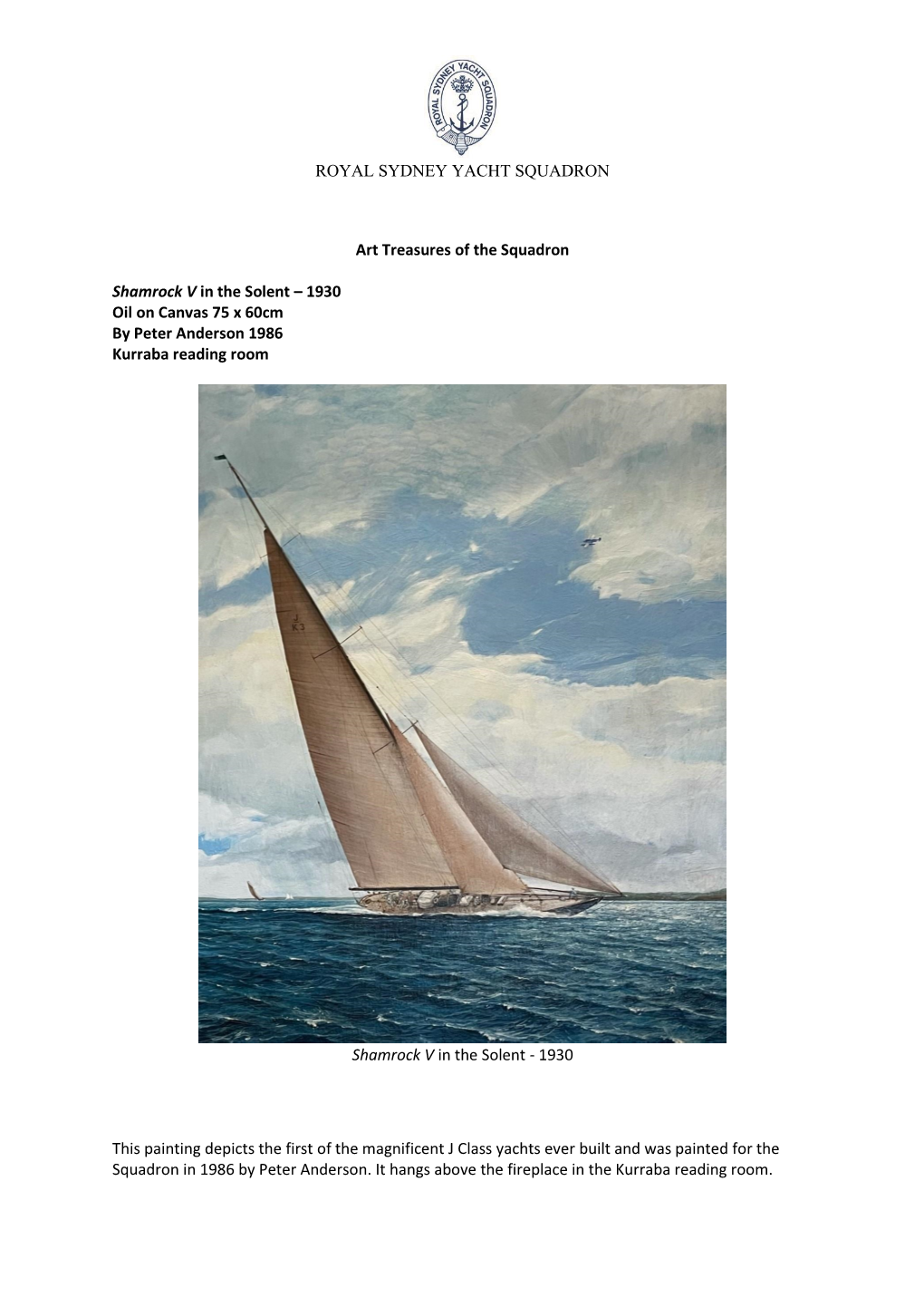 ROYAL SYDNEY YACHT SQUADRON Art Treasures of The