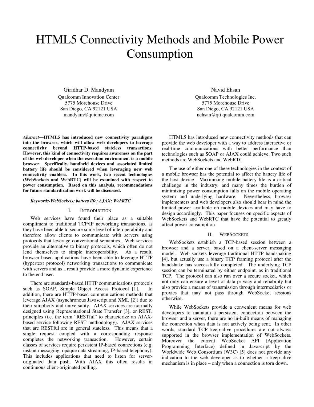 HTML5 Connectivity Methods and Mobile Power Consumption