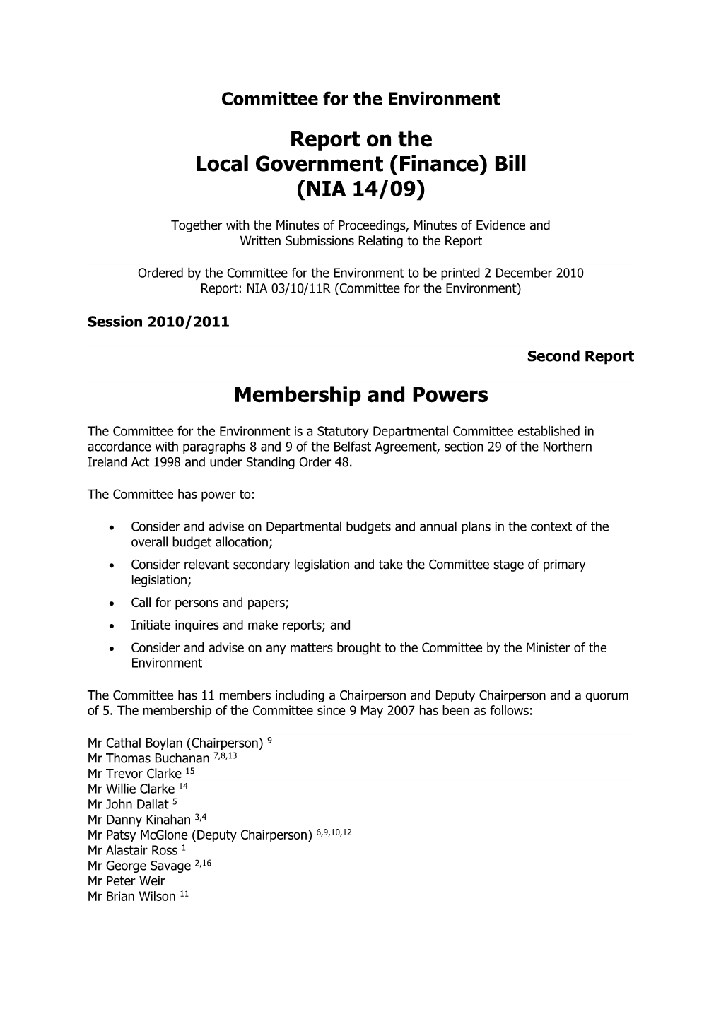 Report on the Local Government (Finance) Bill (NIA 14/09)