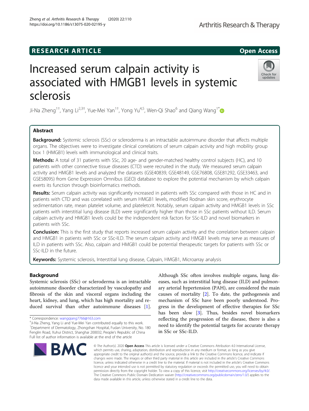 Increased Serum Calpain Activity Is Associated with HMGB1 Levels In