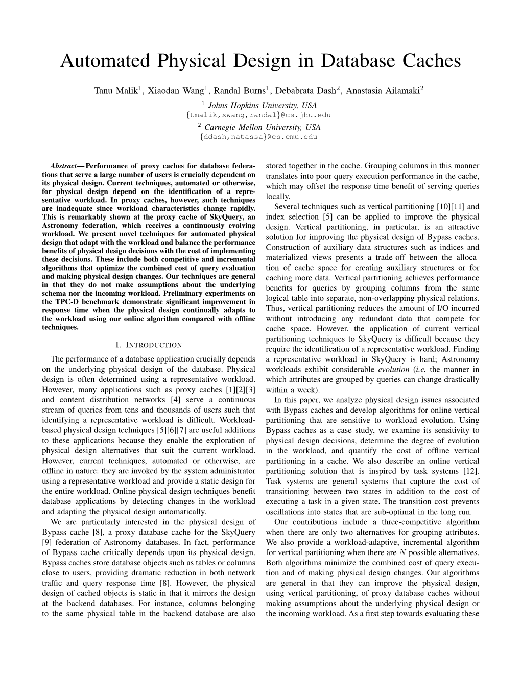 Automated Physical Design in Database Caches