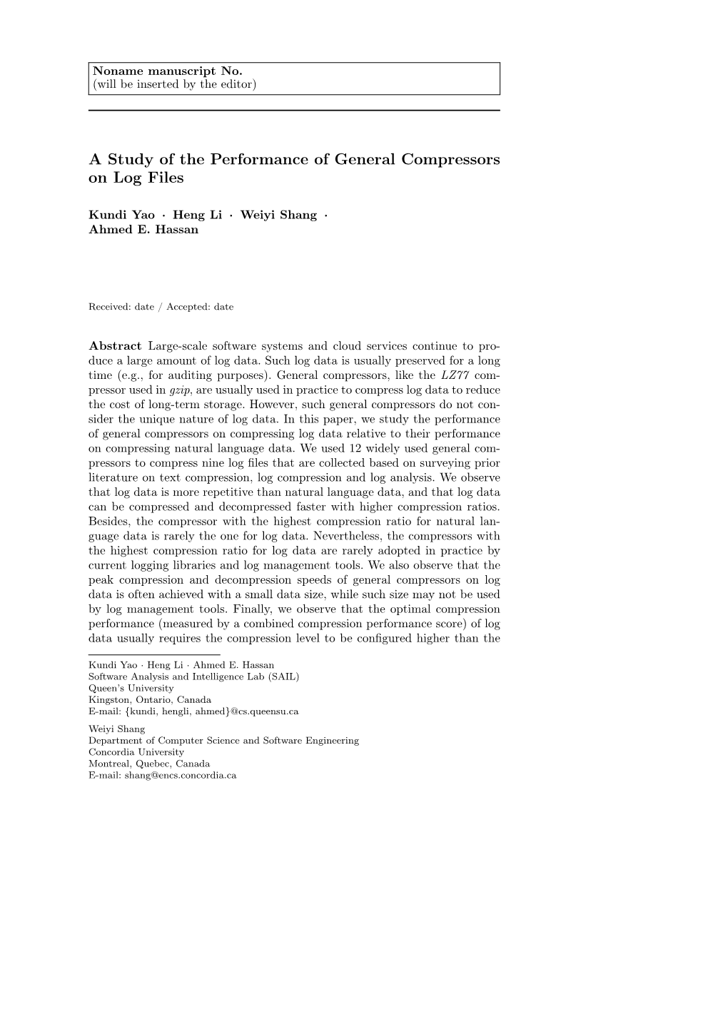 A Study of the Performance of General Compressors on Log Files