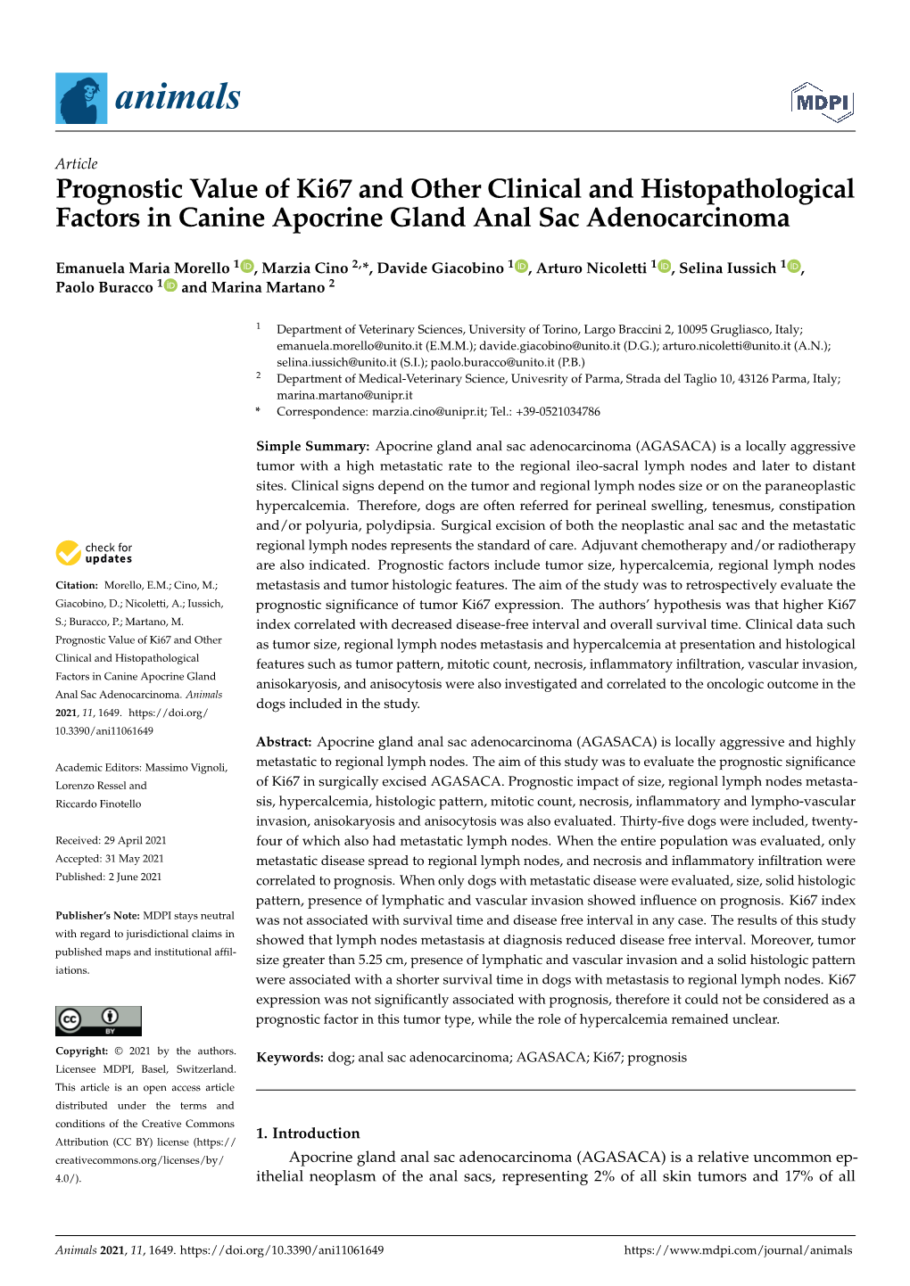 Prognostic Value of Ki67 and Other Clinical and Histopathological Factors in Canine Apocrine Gland Anal Sac Adenocarcinoma