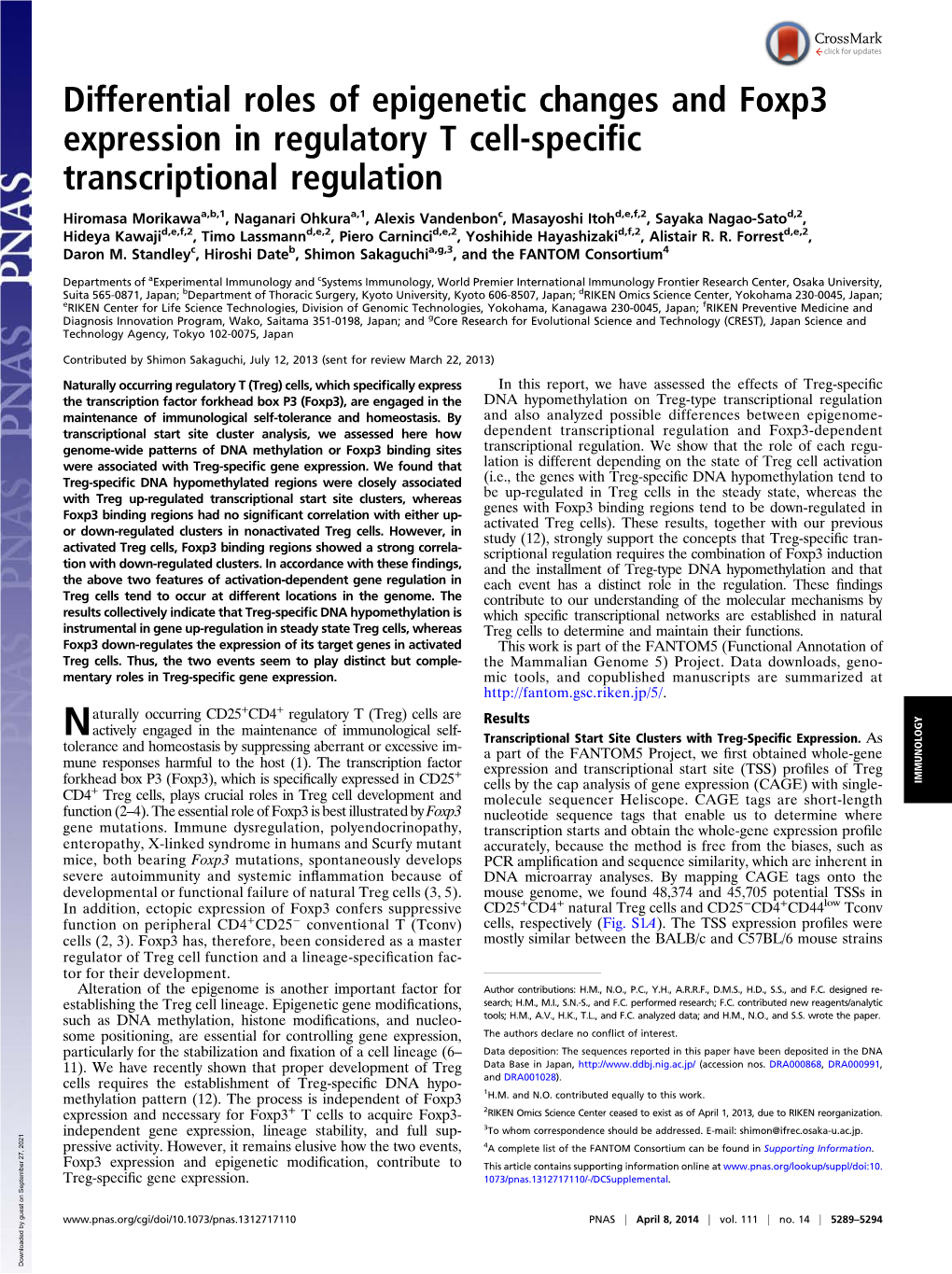 Differential Roles of Epigenetic Changes and Foxp3 Expression in Regulatory T Cell-Speciﬁc Transcriptional Regulation