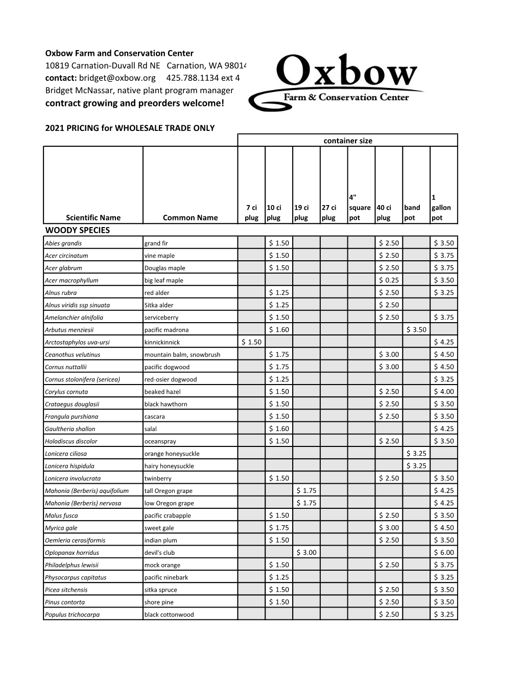 Oxbow Nativeplants 2021 Prices