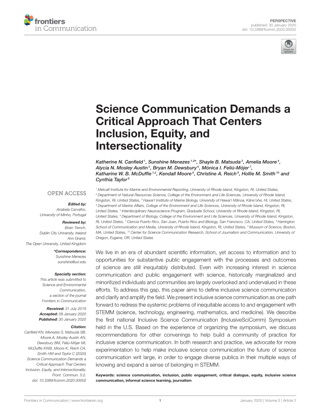 Science Communication Demands a Critical Approach That Centers Inclusion, Equity, and Intersectionality