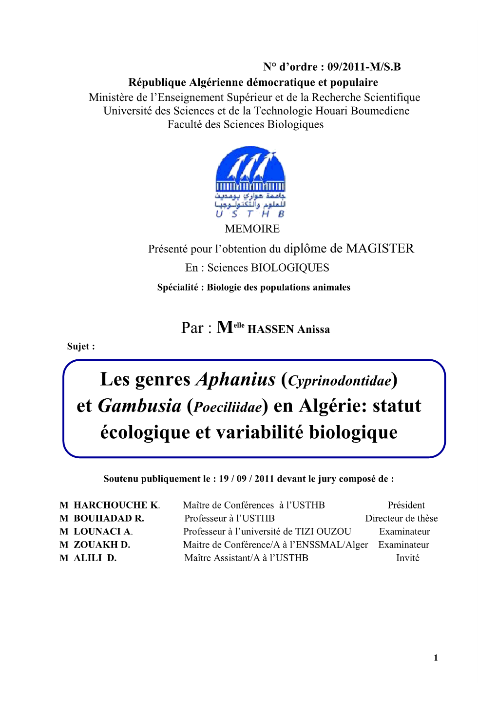 (Cyprinodontidae) Et Gambusia (Poeciliidae) En Algérie: Statut Écologique Et Variabilité Biologique
