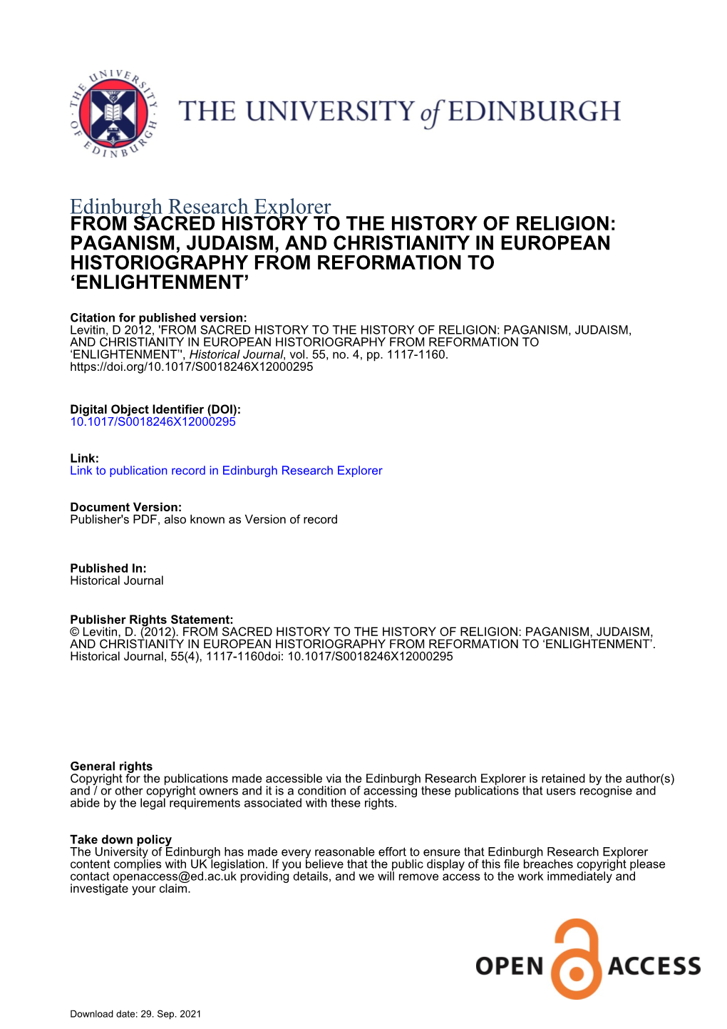 From Sacred History to the History of Religion: Paganism, Judaism, and Christianity in European Historiography from Reformation to ‘Enlightenment’