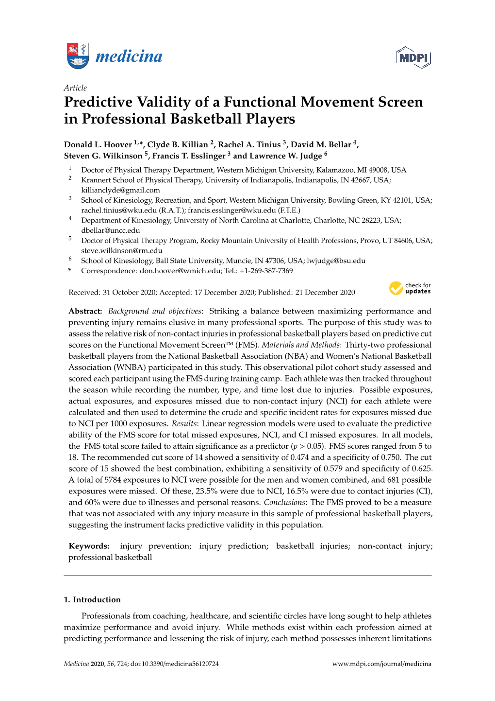 Predictive Validity of a Functional Movement Screen in Professional Basketball Players
